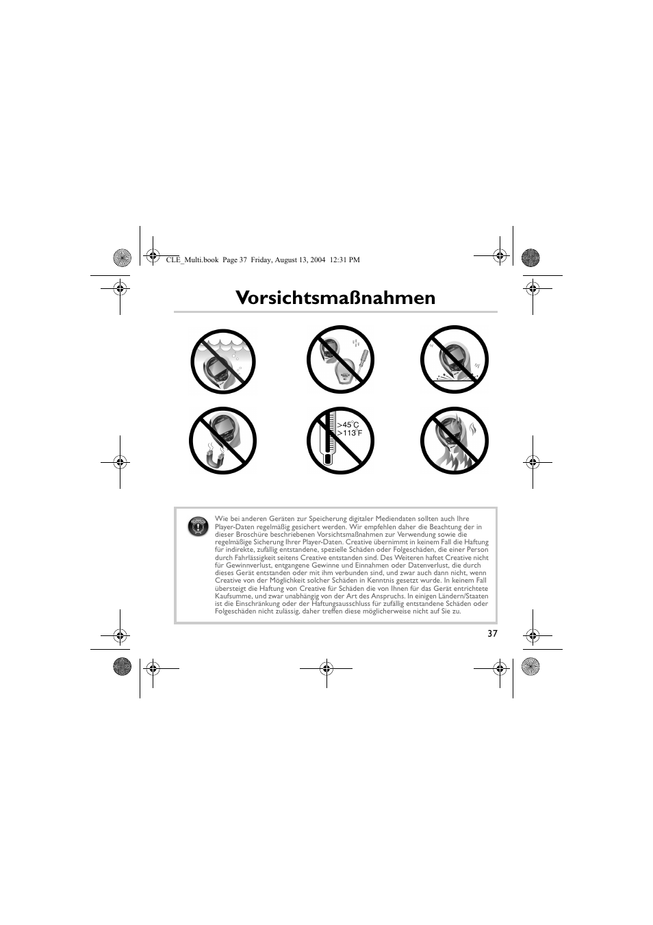 Vorsichtsmaßnahmen | CREATIVE CLE User Manual | Page 37 / 157