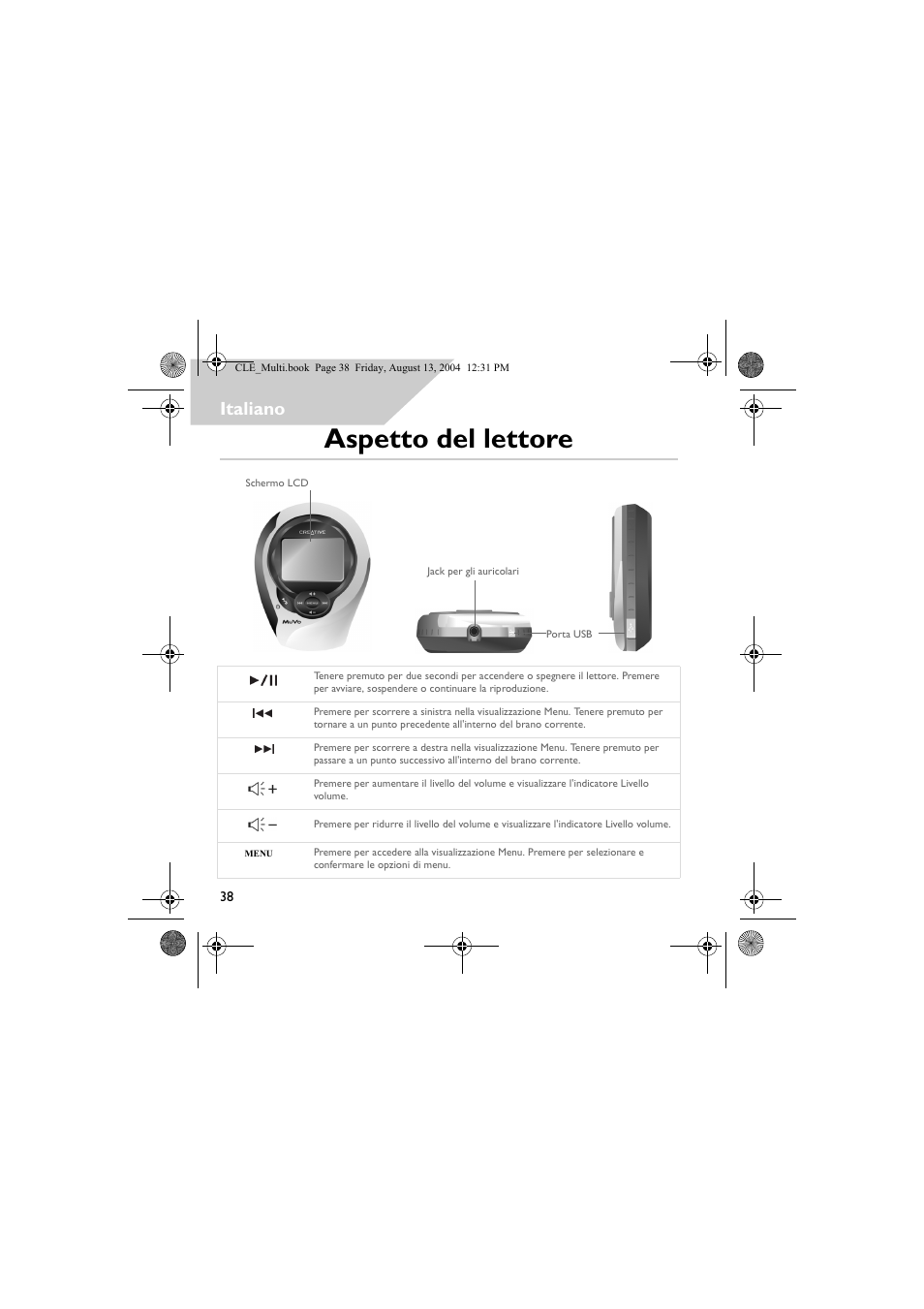 Aspetto del lettore, Italiano | CREATIVE CLE User Manual | Page 38 / 157