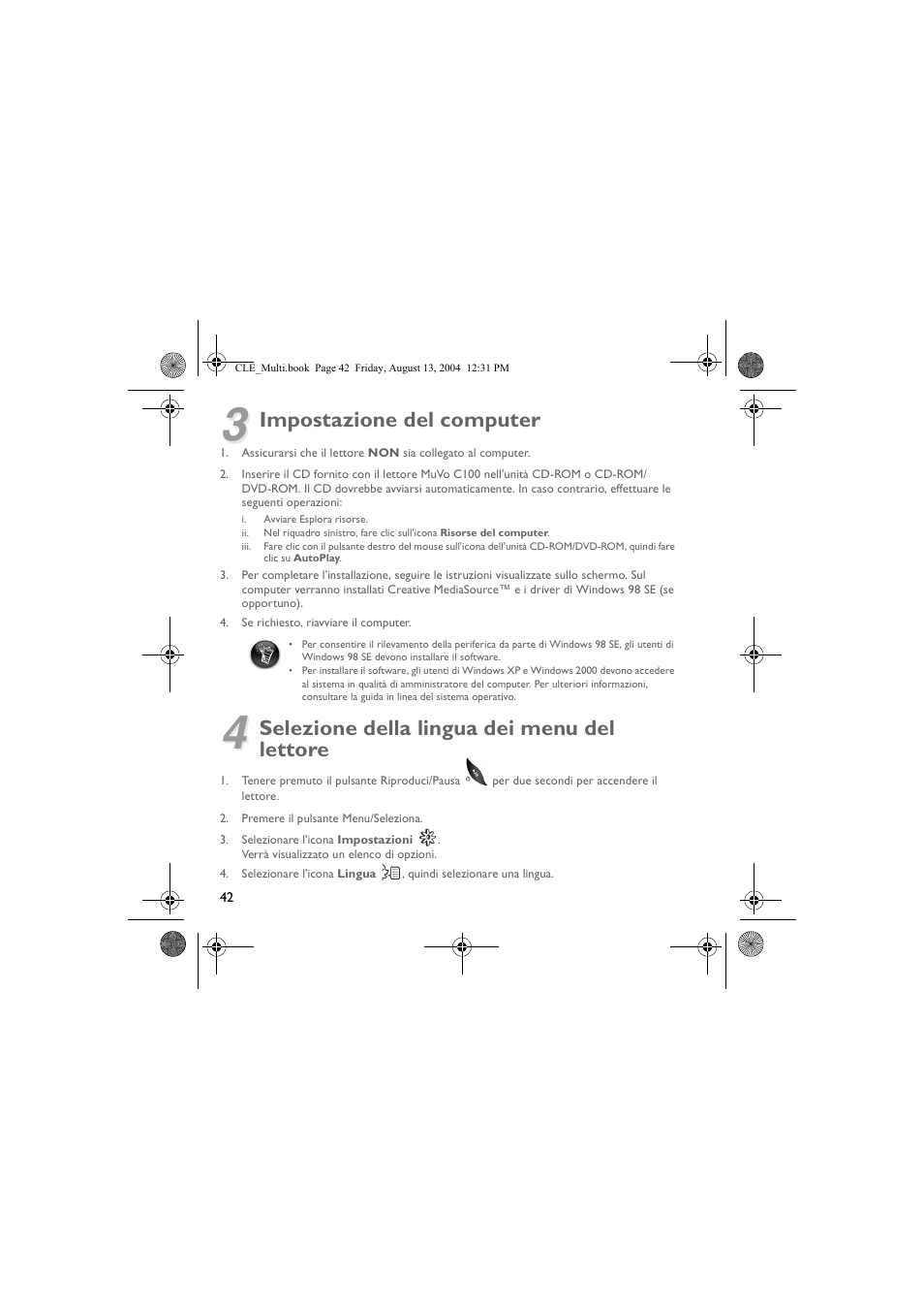 Impostazione del computer, Selezione della lingua dei menu del lettore | CREATIVE CLE User Manual | Page 42 / 157
