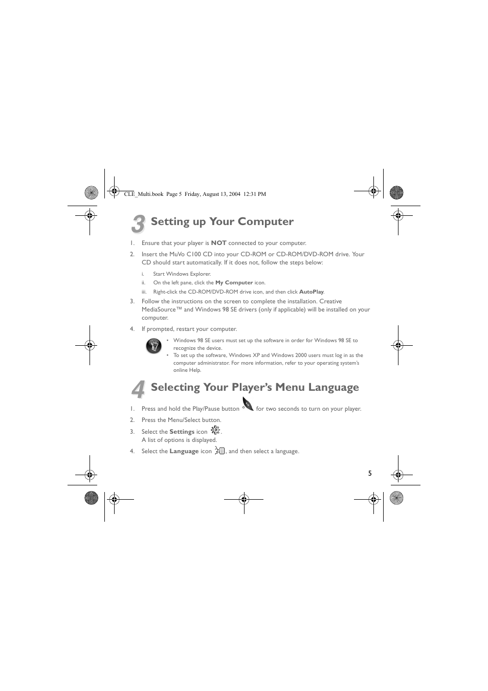 Setting up your computer, Selecting your player’s menu language | CREATIVE CLE User Manual | Page 5 / 157