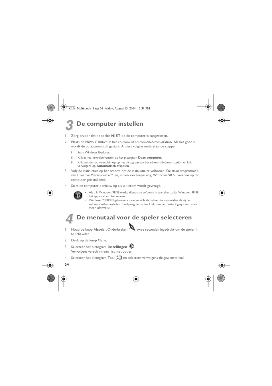 De computer instellen, De menutaal voor de speler selecteren | CREATIVE CLE User Manual | Page 54 / 157