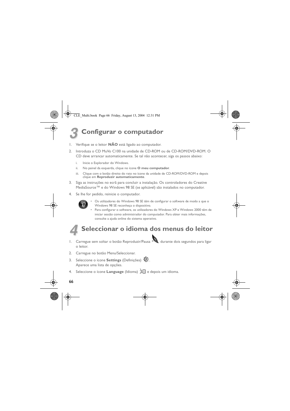 Configurar o computador, Seleccionar o idioma dos menus do leitor | CREATIVE CLE User Manual | Page 66 / 157
