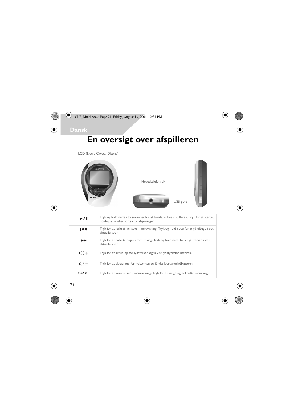 En oversigt over afspilleren, Dansk | CREATIVE CLE User Manual | Page 74 / 157