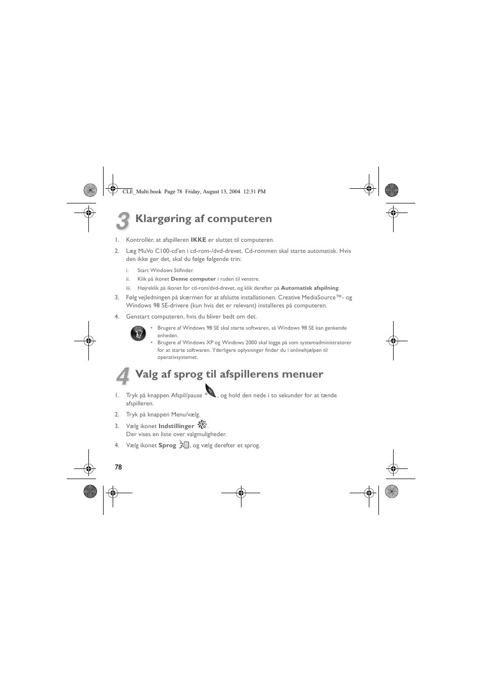 Klargøring af computeren, Valg af sprog til afspillerens menuer | CREATIVE CLE User Manual | Page 78 / 157