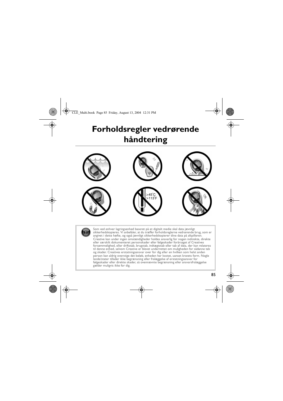 Forholdsregler vedrørende håndtering | CREATIVE CLE User Manual | Page 85 / 157