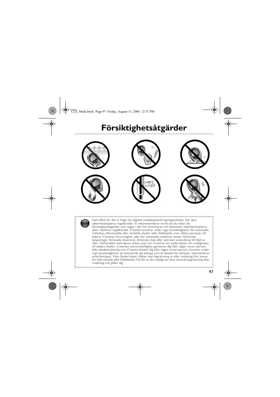Försiktighetsåtgärder | CREATIVE CLE User Manual | Page 97 / 157