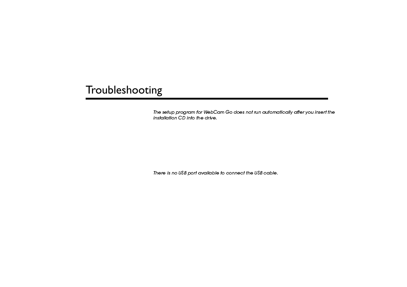 Troubleshooting, Problem installing software, Problems using webcam go | 7urxeohvkrrwlqj | CREATIVE Web Cam User Manual | Page 36 / 47