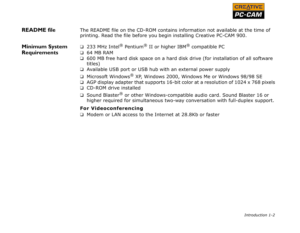 Readme file, Minimum system requirements, Readme file -2 minimum system requirements -2 | CREATIVE PC-CAM 900 User Manual | Page 10 / 57