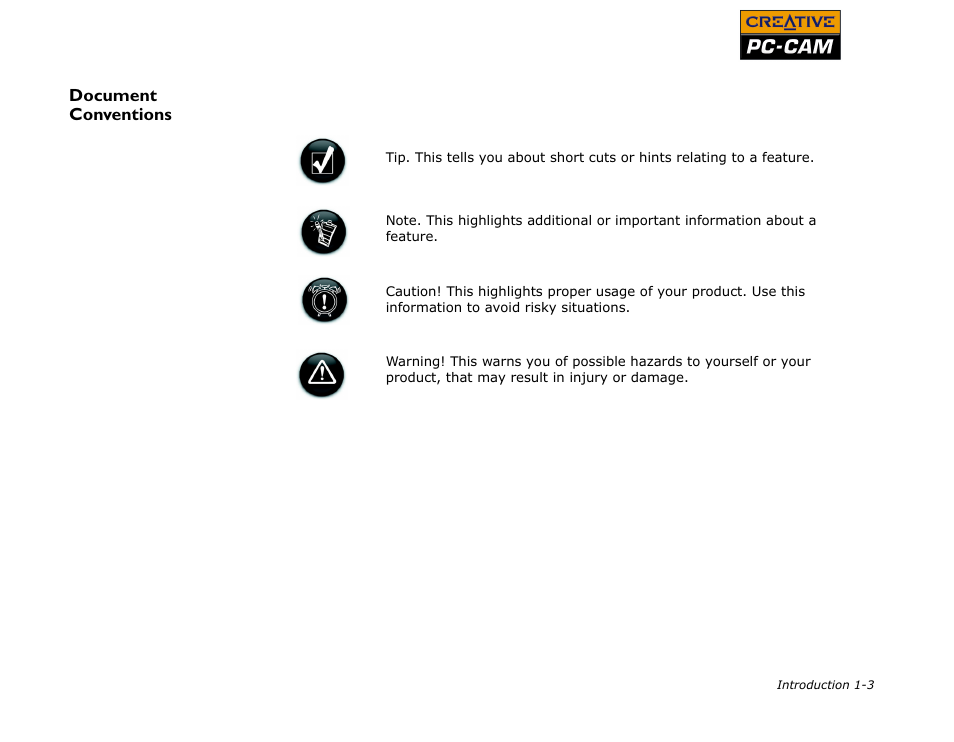 Document conventions, Document conventions -3 | CREATIVE PC-CAM 900 User Manual | Page 11 / 57