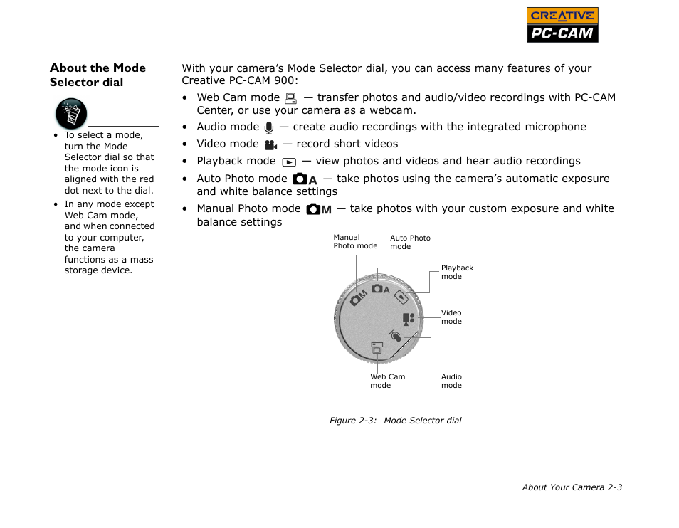 About the mode selector dial, About the mode selector dial -3 | CREATIVE PC-CAM 900 User Manual | Page 16 / 57