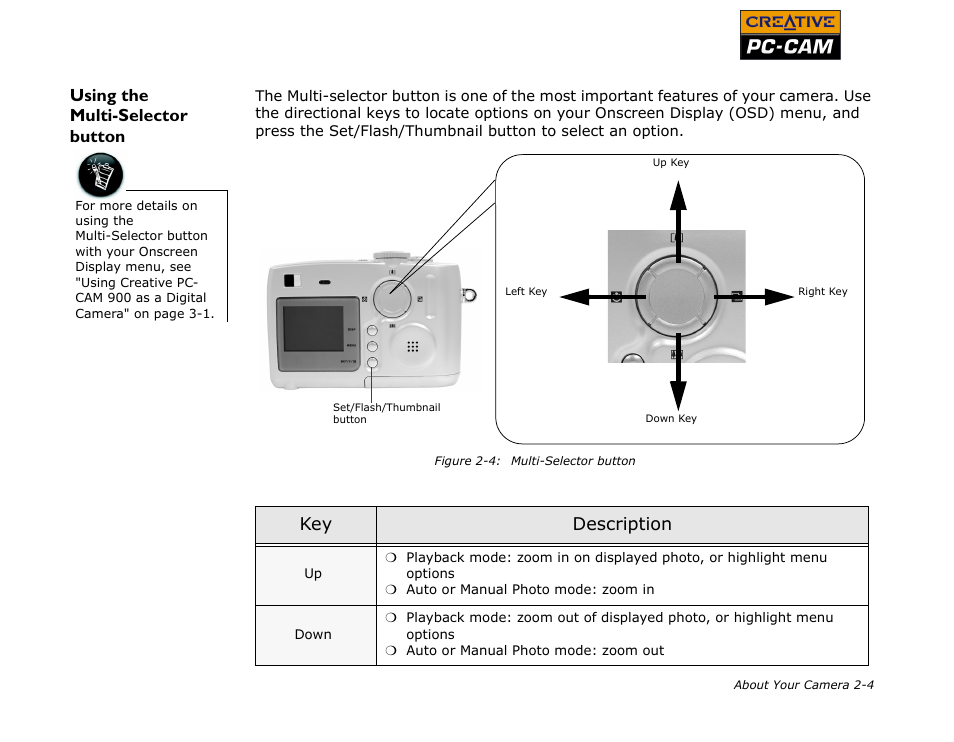 Using the multiselector button, Using the multi-selector button -4, Using the multi-selector button | Key description | CREATIVE PC-CAM 900 User Manual | Page 17 / 57