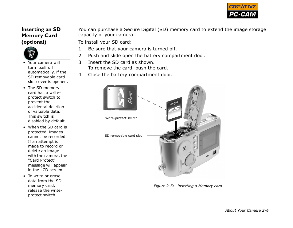 Inserting an sd memory card (optional), Inserting an sd memory card (optional) -6 | CREATIVE PC-CAM 900 User Manual | Page 19 / 57