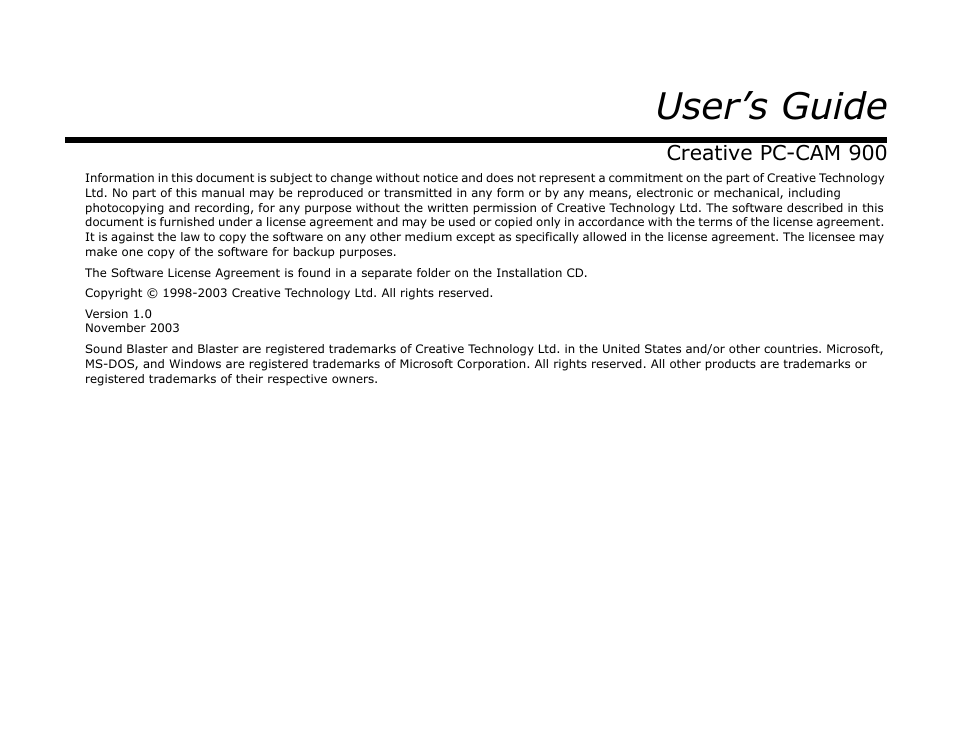 User’s guide | CREATIVE PC-CAM 900 User Manual | Page 2 / 57