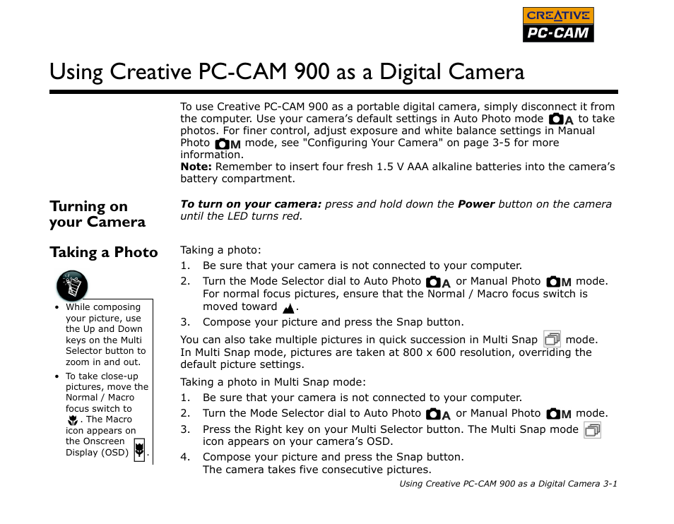 Turning on your camera, Taking a photo, Turning on your camera -1 taking a photo -1 | Using creative pc-cam 900 as a digital camera | CREATIVE PC-CAM 900 User Manual | Page 24 / 57