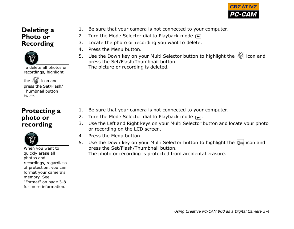 Deleting a photo or recording, Protecting a photo or recording | CREATIVE PC-CAM 900 User Manual | Page 27 / 57
