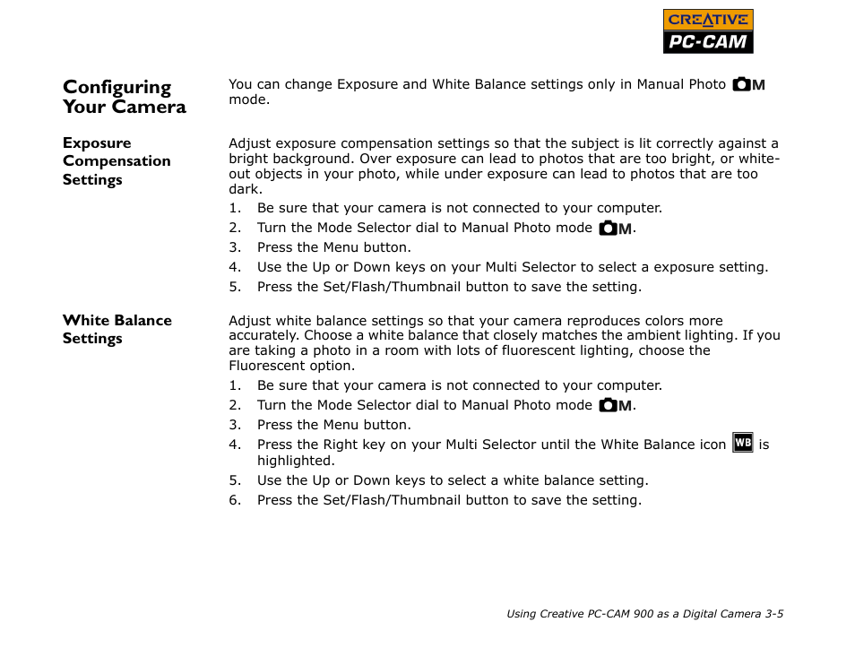 Configuring your camera, Exposure compensation settings, White balance settings | Configuring your camera -5 | CREATIVE PC-CAM 900 User Manual | Page 28 / 57