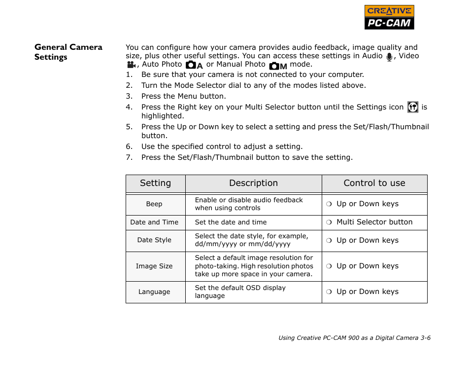 General camera settings, General camera settings -6 | CREATIVE PC-CAM 900 User Manual | Page 29 / 57