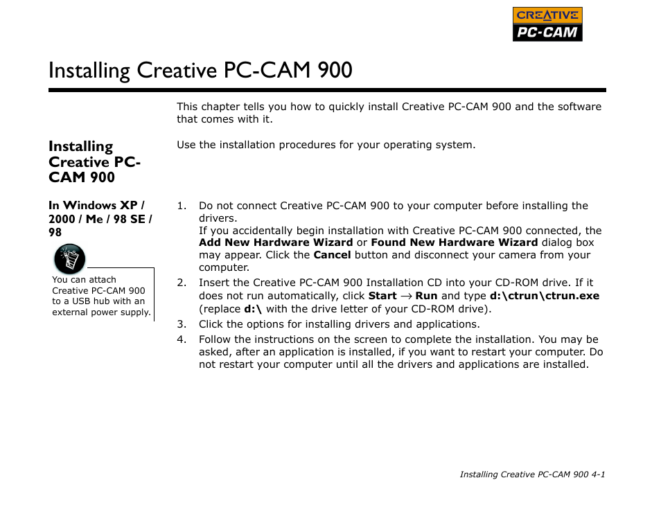 Installing creative pc- cam 900, In windows xp / 2000 / me / 98 se / 98, Installing creative pc-cam 900 -1 | In windows xp / 2000 / me / 98 se /98 -1, Installing creative pc-cam 900 | CREATIVE PC-CAM 900 User Manual | Page 33 / 57