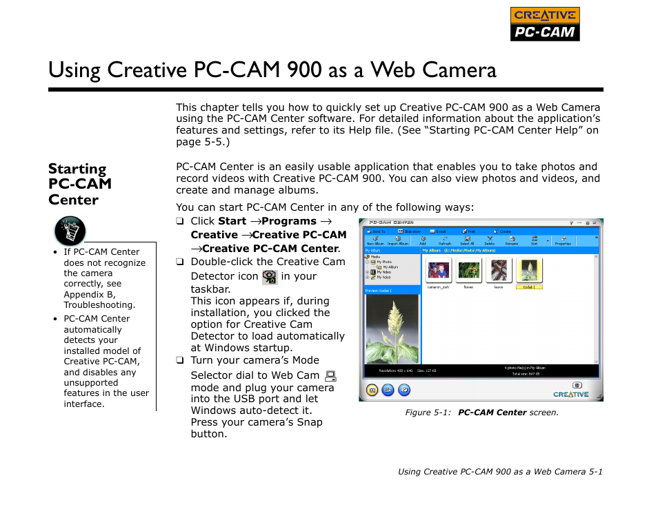Starting pccam center, Starting pc-cam center -1, Using creative pc-cam 900 as a web camera | Starting pc-cam center | CREATIVE PC-CAM 900 User Manual | Page 39 / 57