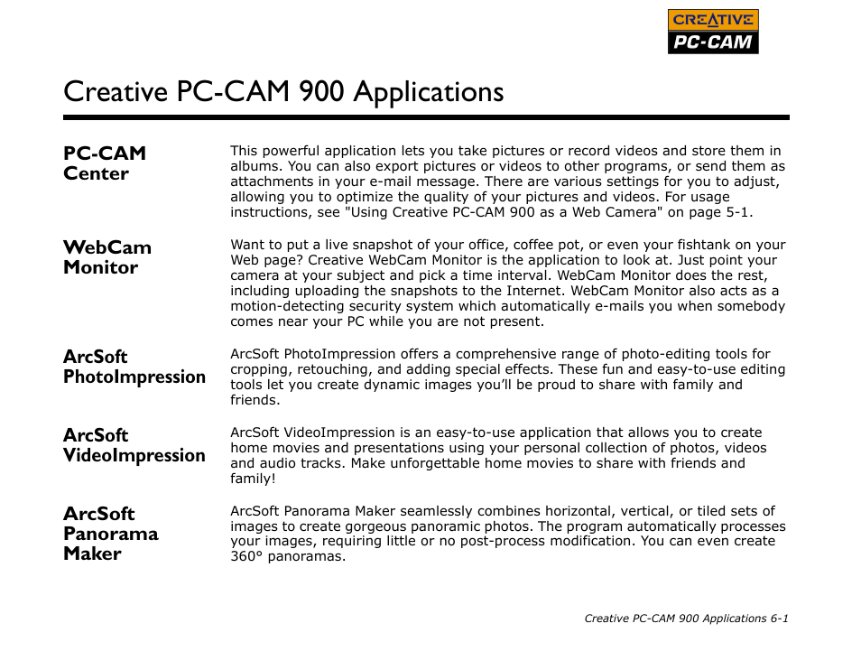 Pc-cam center, Webcam monitor, Arcsoft photoimpression | Arcsoft videoimpression, Arcsoft panorama maker, Pc-cam center -1 webcam monitor -1, Creative pc-cam 900 applications | CREATIVE PC-CAM 900 User Manual | Page 45 / 57