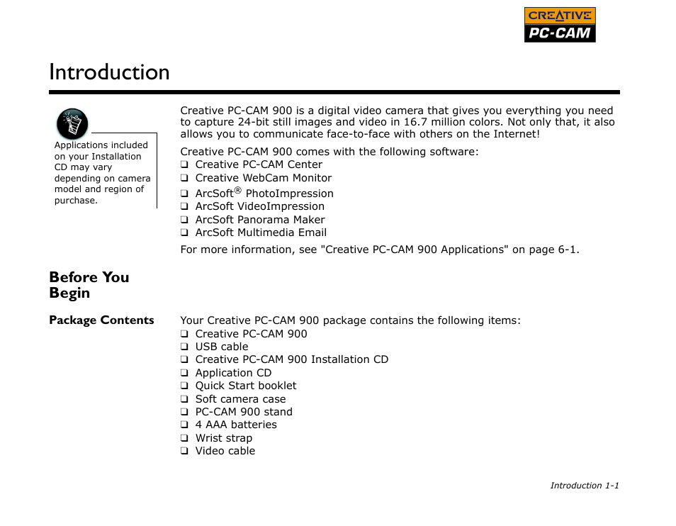 Before you begin, Package contents, Before you begin -1 | Package contents -1, Introduction | CREATIVE PC-CAM 900 User Manual | Page 9 / 57