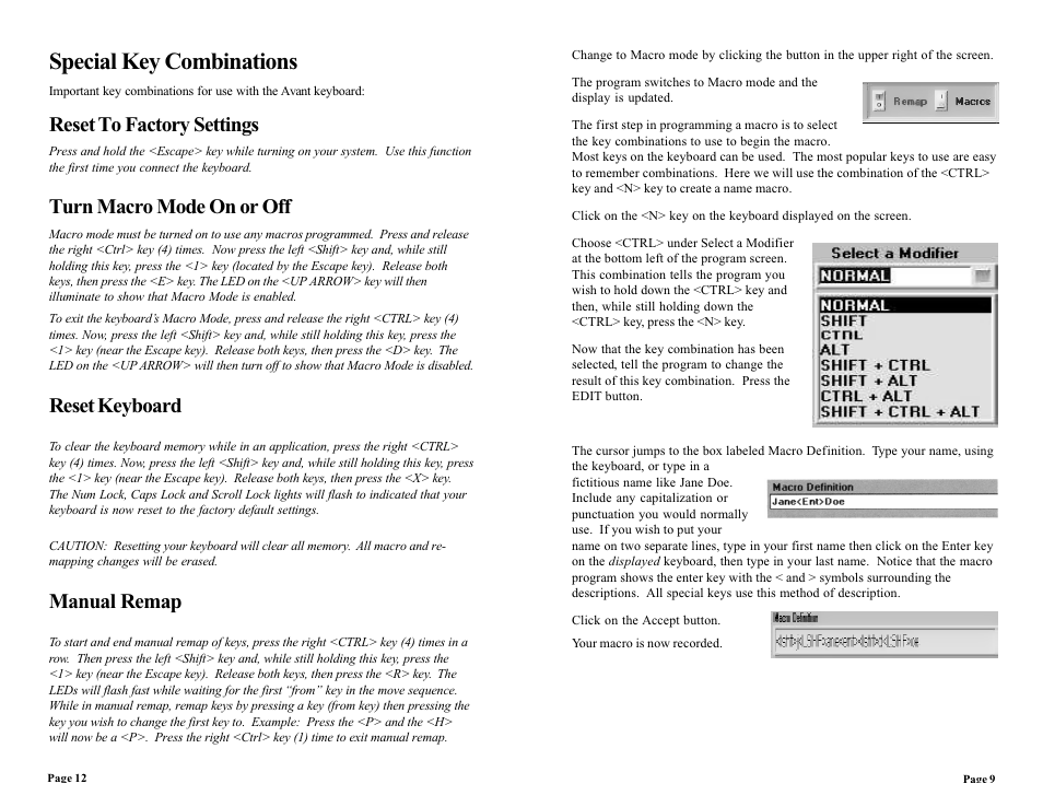 Special key combinations, Reset to factory settings, Turn macro mode on or off | Reset keyboard, Manual remap | CREATIVE Avant Stellar User Manual | Page 9 / 10
