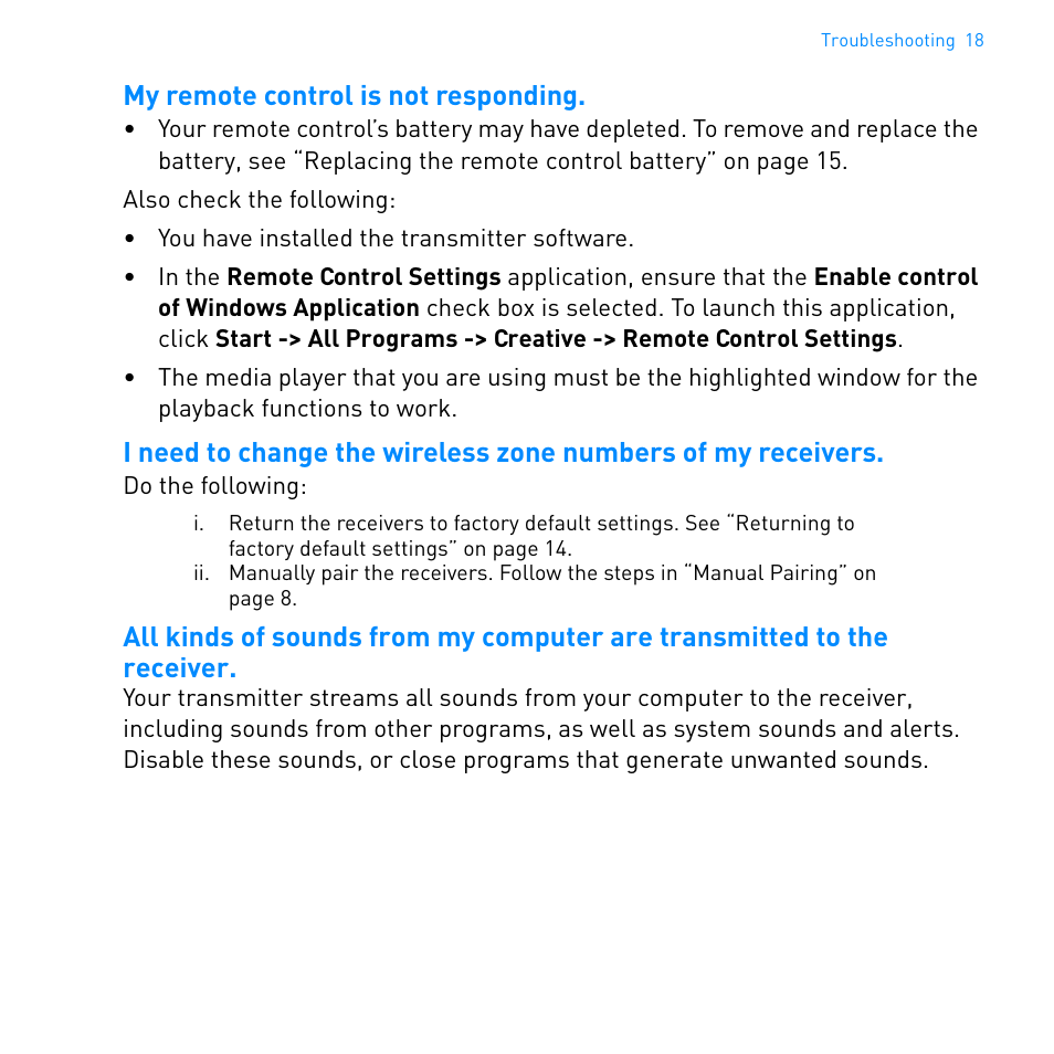 My remote control is not responding | CREATIVE WIRELESS RECEIVER SB1122 User Manual | Page 19 / 29