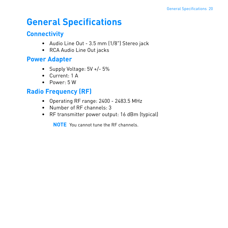 General specifications | CREATIVE WIRELESS RECEIVER SB1122 User Manual | Page 21 / 29