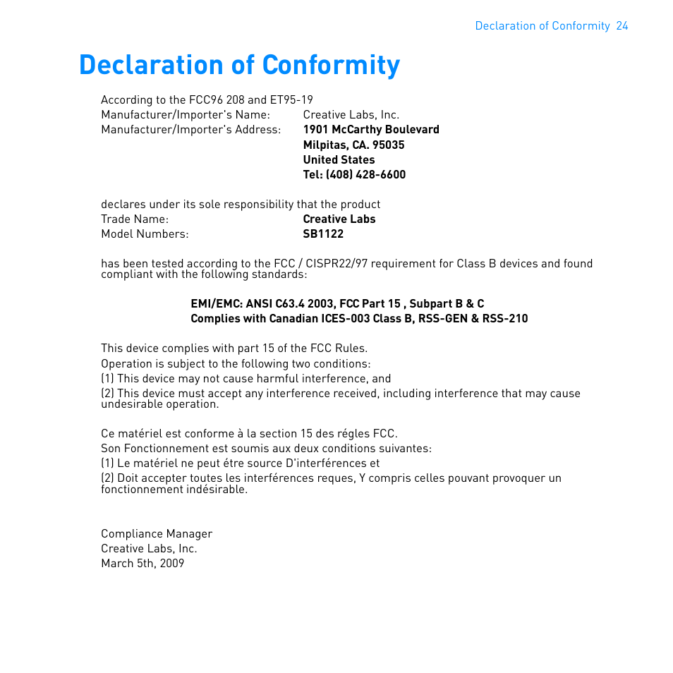 Declaration of conformity | CREATIVE WIRELESS RECEIVER SB1122 User Manual | Page 25 / 29