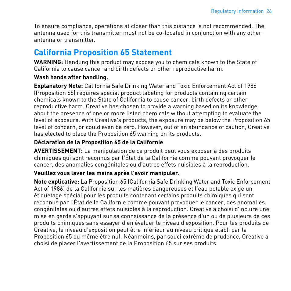 California proposition 65 statement | CREATIVE WIRELESS RECEIVER SB1122 User Manual | Page 27 / 29