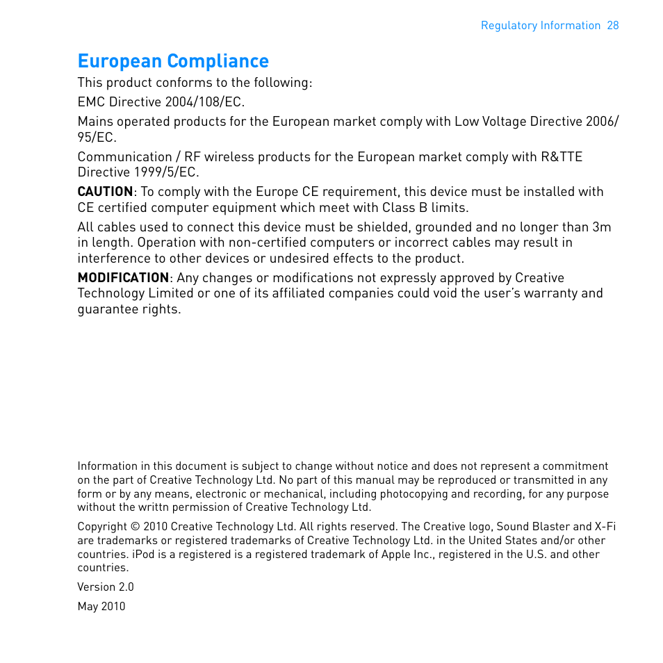 European compliance | CREATIVE WIRELESS RECEIVER SB1122 User Manual | Page 29 / 29