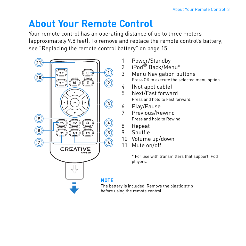 About your remote control | CREATIVE WIRELESS RECEIVER SB1122 User Manual | Page 4 / 29