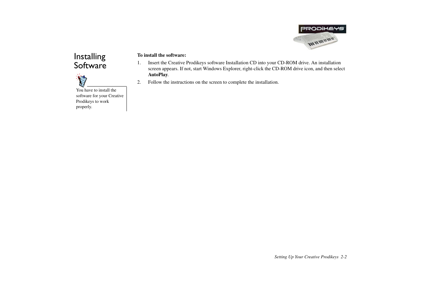 Installing software, Installing software -2 | CREATIVE Prodikeys User Manual | Page 16 / 24