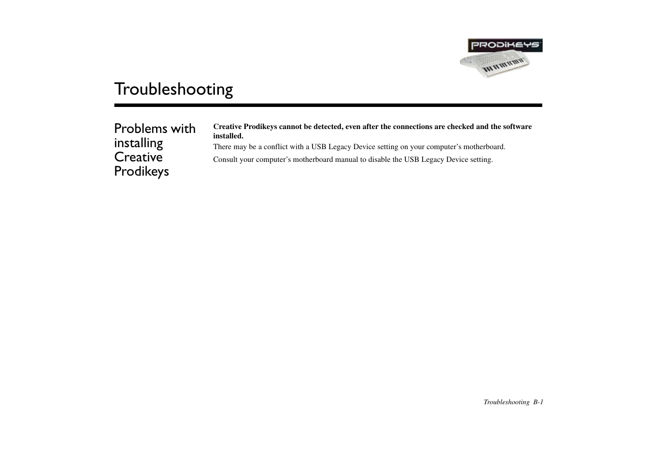 Problems with installing creative prodikeys, Troubleshooting | CREATIVE Prodikeys User Manual | Page 24 / 24