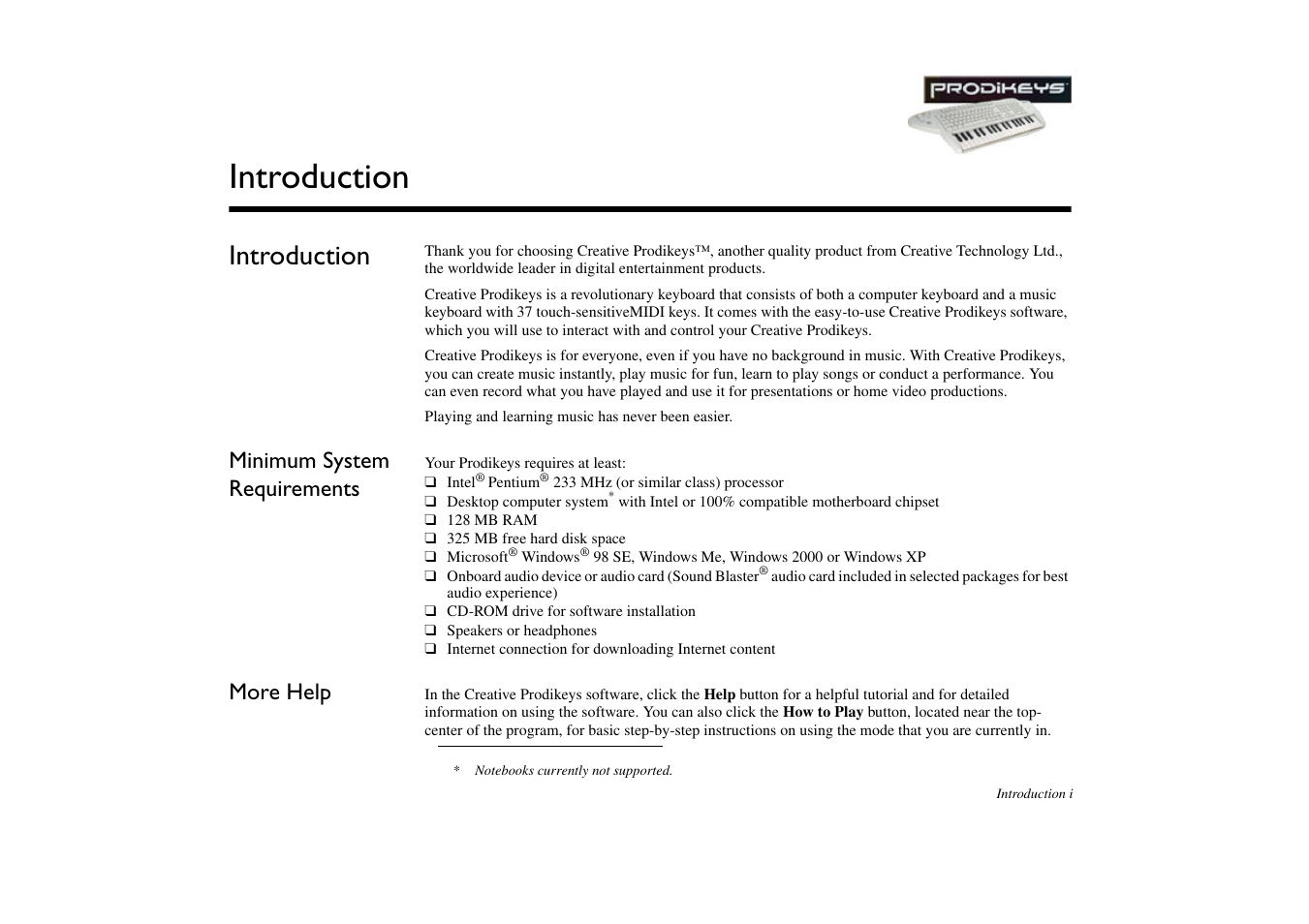 Introduction, Minimum system requirements, More help | CREATIVE Prodikeys User Manual | Page 7 / 24