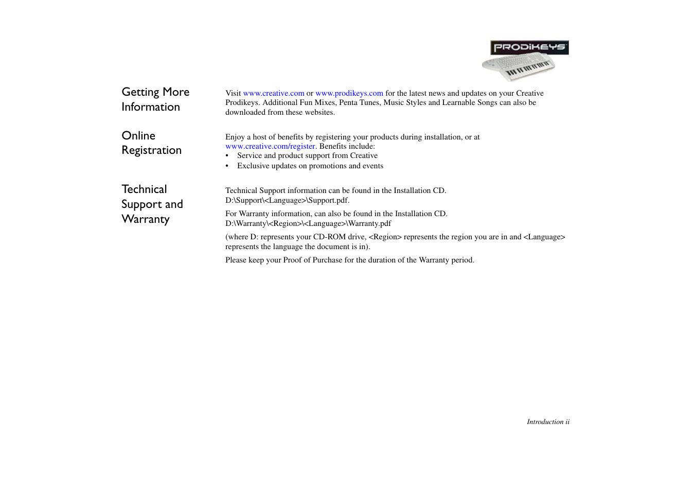 Getting more information, Online registration, Technical support and warranty | CREATIVE Prodikeys User Manual | Page 8 / 24