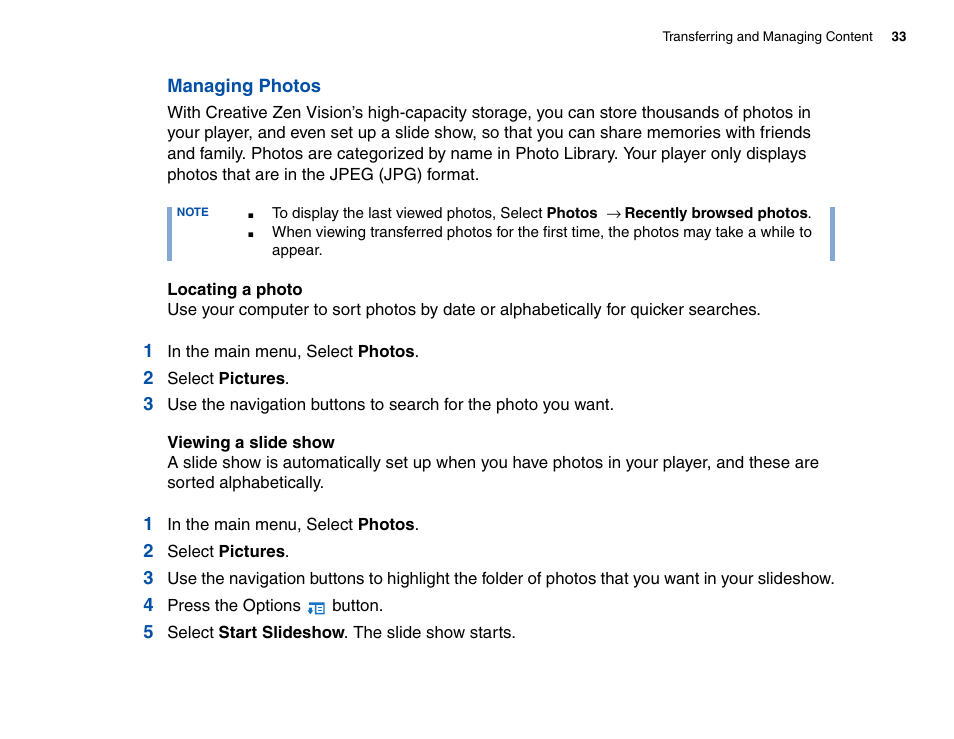 Managing photos | CREATIVE Zen Vision Cell Phone User Manual | Page 33 / 68