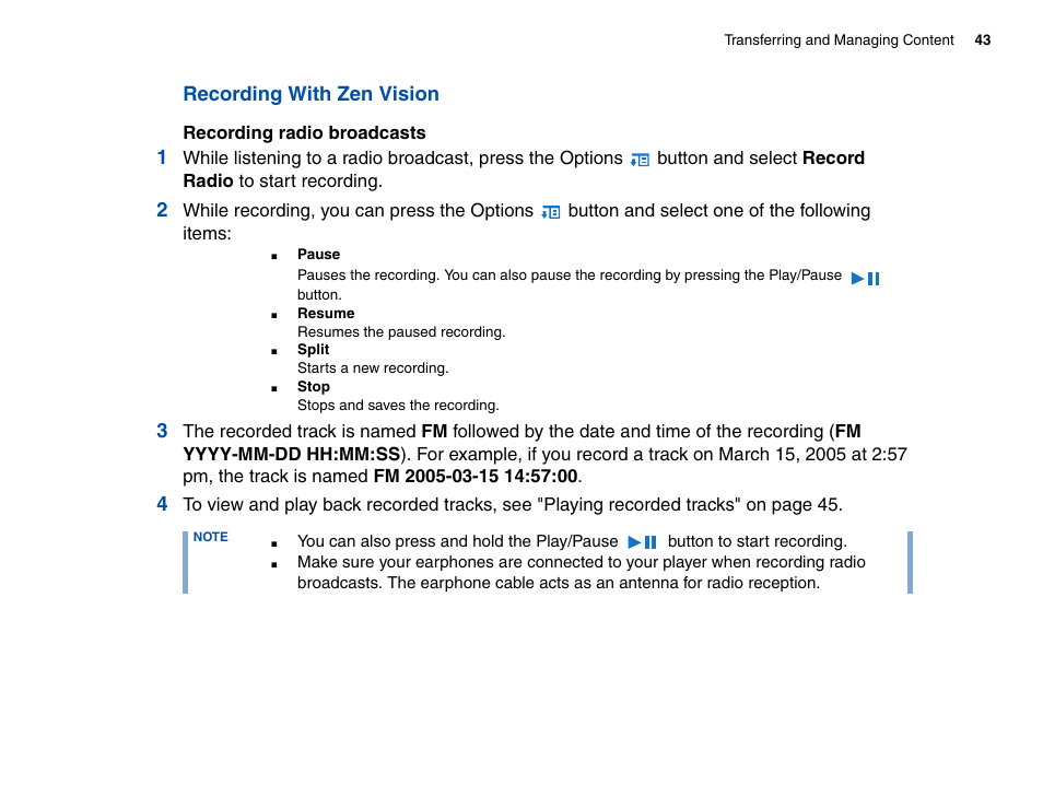 Recording with zen vision | CREATIVE Zen Vision Cell Phone User Manual | Page 43 / 68