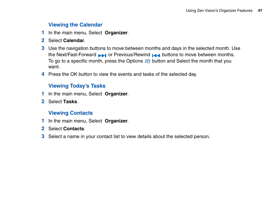 Viewing the calendar, Viewing today’s tasks, Viewing contacts | CREATIVE Zen Vision Cell Phone User Manual | Page 47 / 68