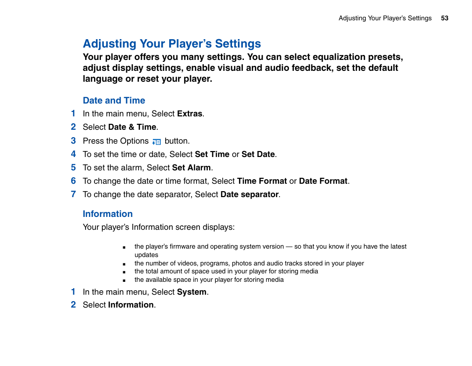 Adjusting your player’s settings, Date and time, Information | CREATIVE Zen Vision Cell Phone User Manual | Page 53 / 68