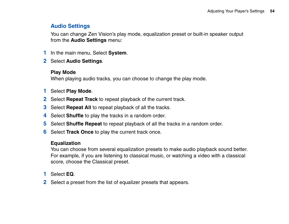 Audio settings | CREATIVE Zen Vision Cell Phone User Manual | Page 54 / 68