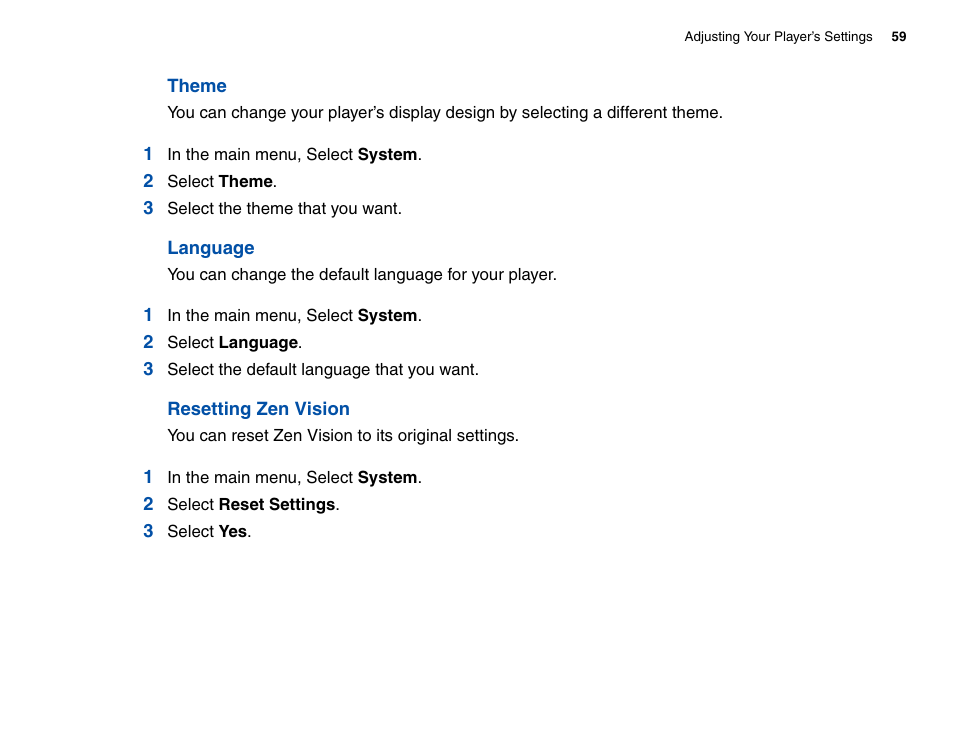 Theme, Language, Resetting zen vision | Theme language resetting zen vision | CREATIVE Zen Vision Cell Phone User Manual | Page 59 / 68