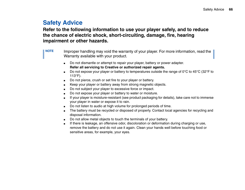 Safety advice | CREATIVE Zen Vision Cell Phone User Manual | Page 66 / 68