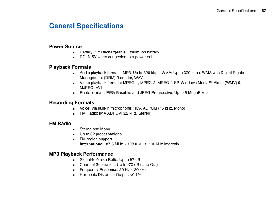 General specifications, Power source, Playback formats | Recording formats, Fm radio, Mp3 playback performance | CREATIVE Zen Vision Cell Phone User Manual | Page 67 / 68