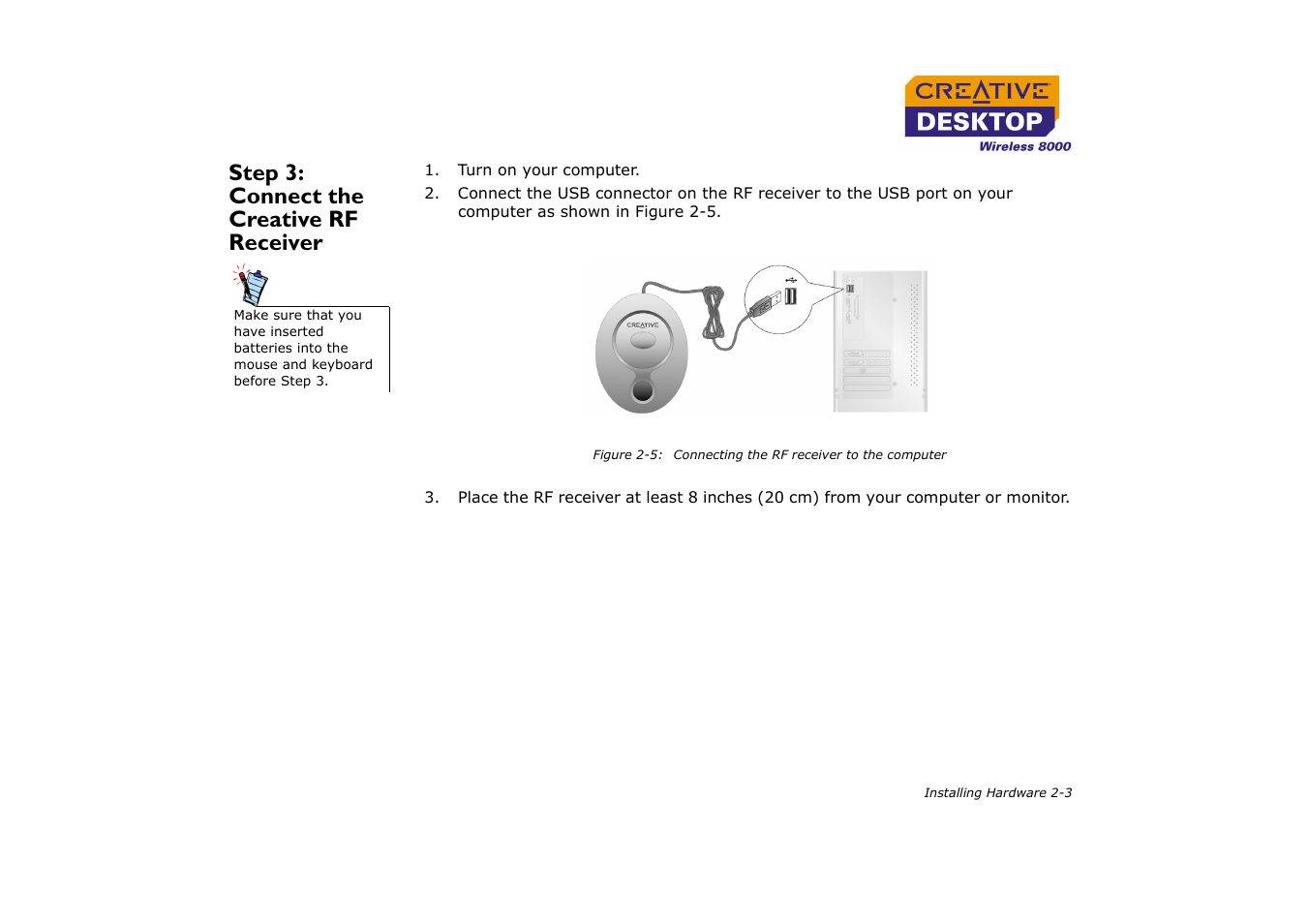 Step 3: connect the creative rf receiver, Step 3: connect the creative rf receiver -3 | CREATIVE Desktop Wireless 8000 User Manual | Page 19 / 37