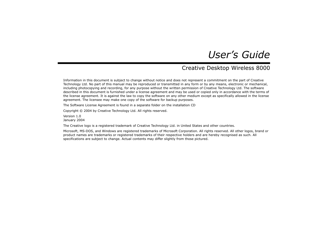 Creative desktop wireless 8000, User’s guide | CREATIVE Desktop Wireless 8000 User Manual | Page 2 / 37