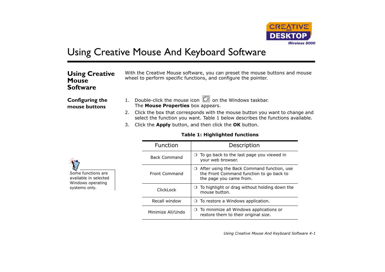 Using creative mouse software, Configuring the mouse buttons, Using creative mouse software -1 | Configuring the mouse buttons -1, Using creative mouse and keyboard software | CREATIVE Desktop Wireless 8000 User Manual | Page 25 / 37