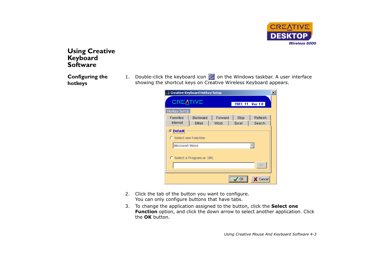 Using creative keyboard software, Configuring the hotkeys, Using creative keyboard software -3 | Configuring the hotkeys -3 | CREATIVE Desktop Wireless 8000 User Manual | Page 27 / 37