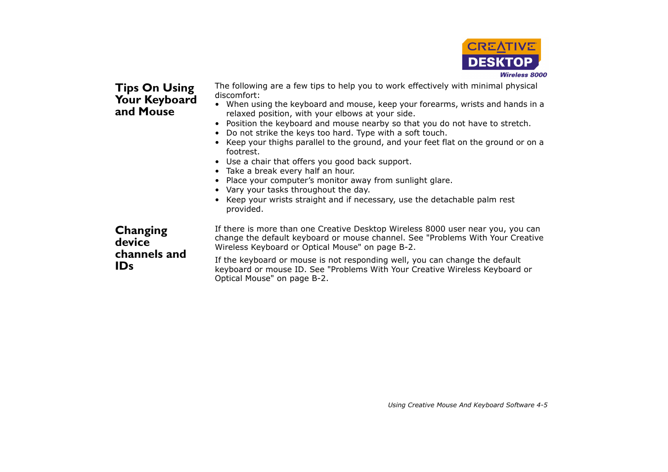 Tips on using your keyboard and mouse, Changing device channels and ids | CREATIVE Desktop Wireless 8000 User Manual | Page 29 / 37