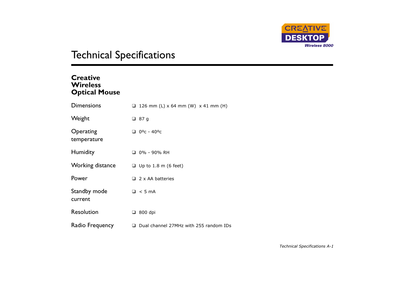 Creative wireless optical mouse, Dimensions, Height | Operating temperature, Humidity, Working distance, Power, Standby mode current, Resolution, Radio frequency | CREATIVE Desktop Wireless 8000 User Manual | Page 31 / 37